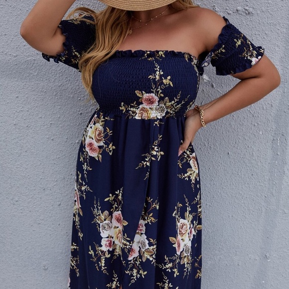 Boho Plus Floral Print Off Shoulder Cottagecore Dress - Picture 9 of 14